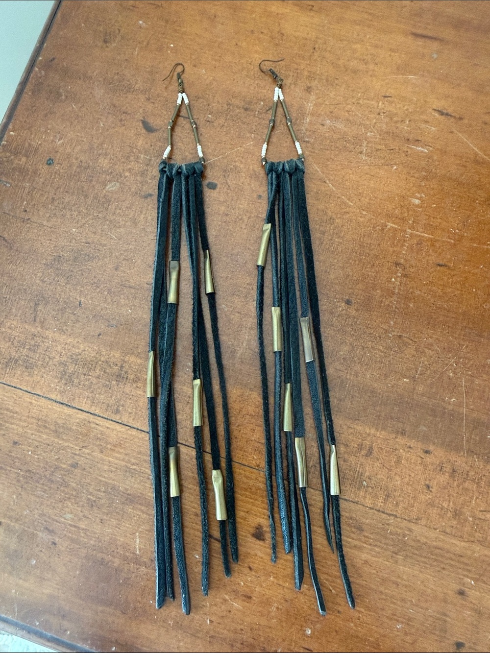 Boho Fringe Drop Earrings with Gold Accents - Black